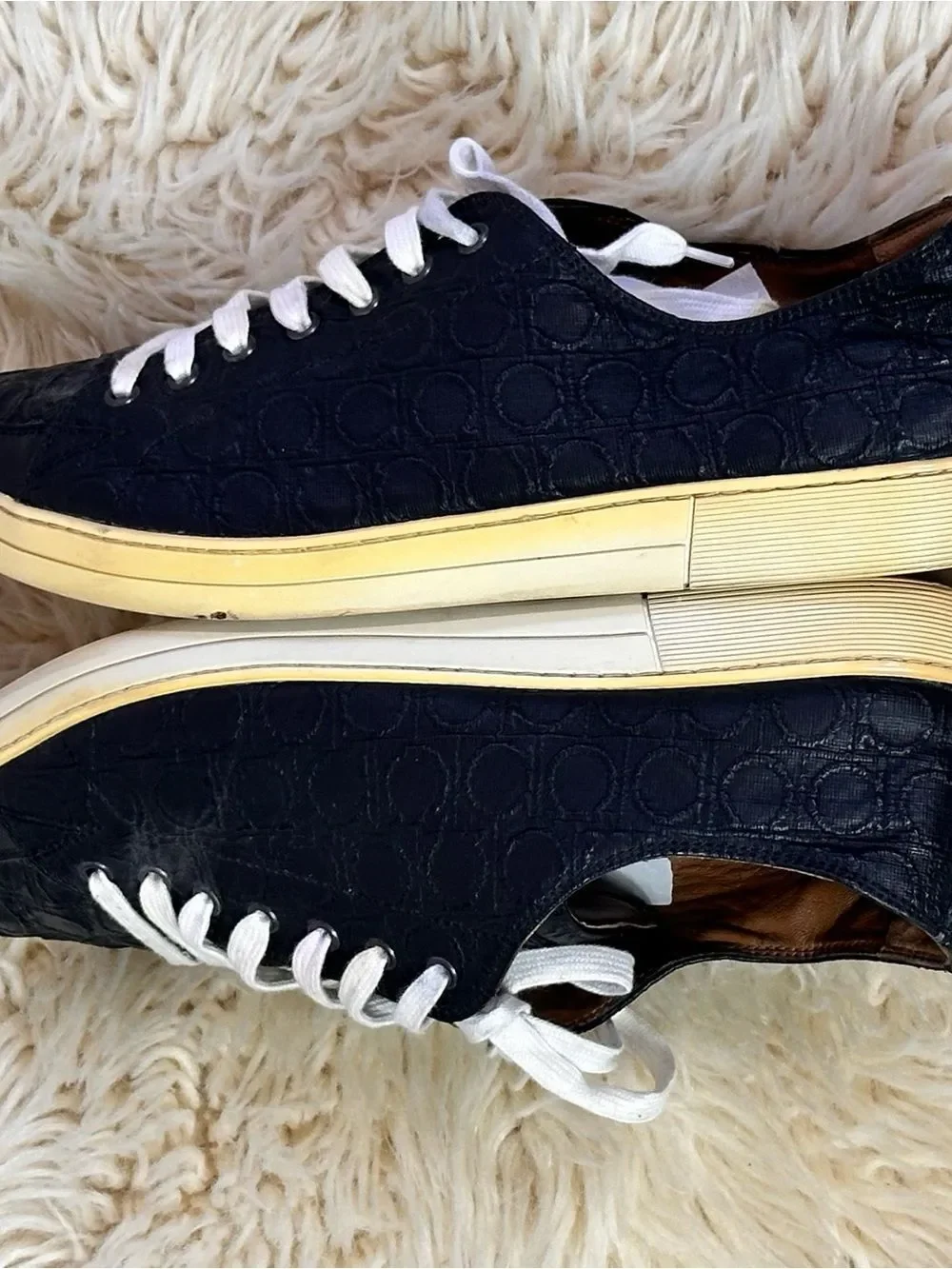 Salvatore Ferragamo Black Leather gancini Sneakers with White Laces